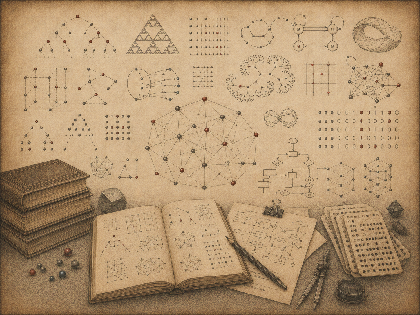 Scholarly editorial illustration of graph networks, branching trees, binary-like patterns, recursion diagrams, flowcharts, discrete structures, notebooks, books, and research tools on textured parchment.