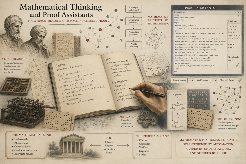 Scholarly editorial illustration of mathematical notebooks, proof diagrams, historical scholars, mechanical computation, algorithmic flowcharts, and a proof-assistant interface representing human reasoning and machine-checked proof.