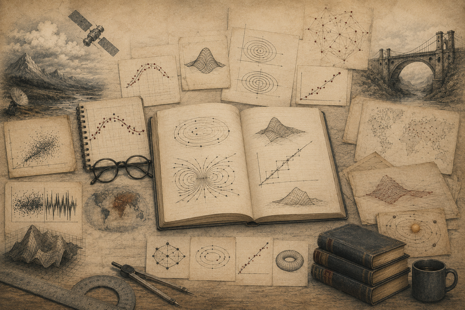 Scholarly editorial illustration of mathematical notebooks, scientific diagrams, graphs, models, instruments, landscapes, data plots, and a hand drawing structured reasoning on aged paper.