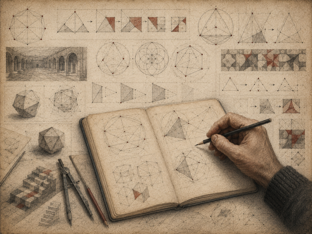 Scholarly editorial illustration of geometric constructions, visual proof diagrams, shaded transformations, polyhedra, compass tools, an open sketchbook, and a hand drawing on textured parchment.