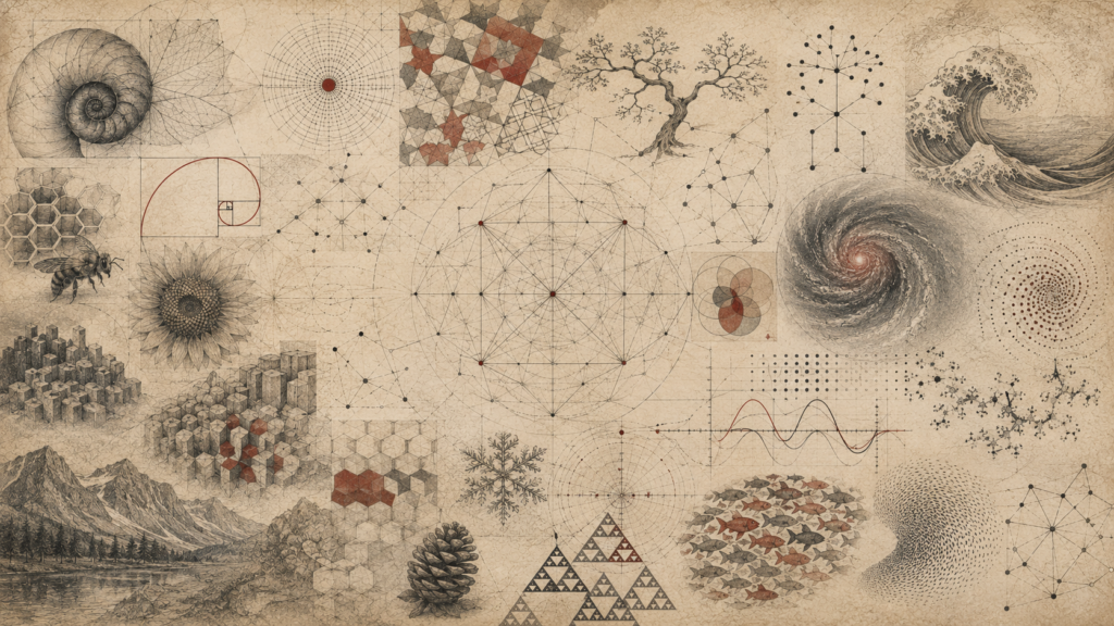 Scholarly editorial illustration of natural, geometric, biological, architectural, and cosmic patterns on textured parchment, including spirals, tessellations, waves, networks, fractals, honeycomb forms, and branching structures.