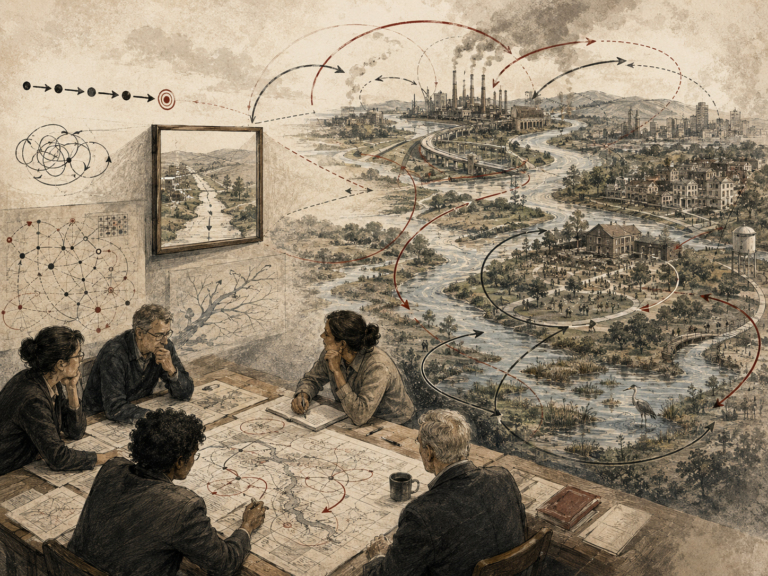 Scholarly systems-thinking illustration of planners examining maps while a complex regional landscape of rivers, wetlands, neighborhoods, industry, infrastructure, and feedback loops unfolds beyond a simple linear frame.