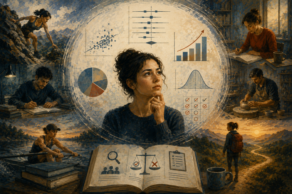 Painterly editorial illustration of grit research showing a contemplative figure surrounded by symbolic charts, study scenes, endurance, craft practice, long-term striving, and research synthesis.