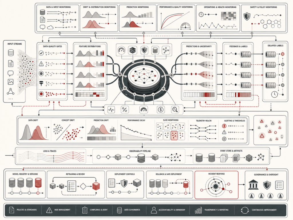 Abstract editorial illustration showing a deployed AI system inside a production observability architecture with monitoring layers for data quality, drift detection, prediction review, delayed labels, alerting, retraining, rollback, incident response, and governance.