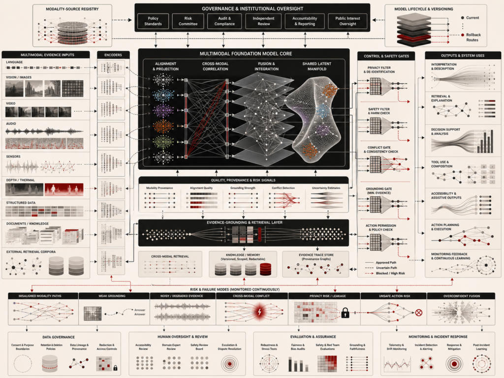 Abstract editorial illustration showing multimodal AI as a governed system architecture connecting language, vision, audio, video, sensors, structured data, cross-modal alignment, fusion layers, retrieval, safety gates, action controls, monitoring, and governance.