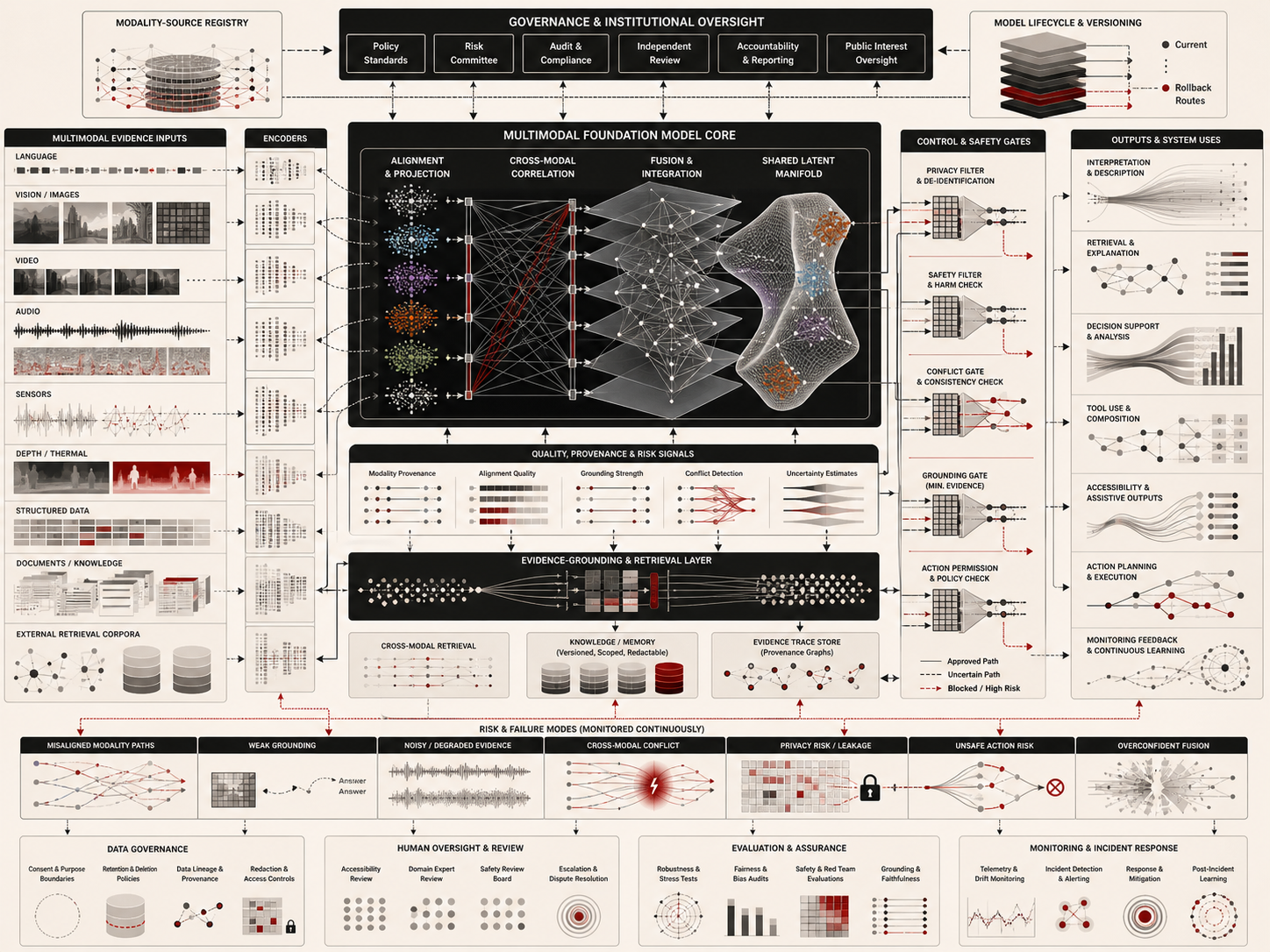 Abstract editorial illustration showing multimodal AI as a governed system architecture connecting language, vision, audio, video, sensors, structured data, cross-modal alignment, fusion layers, retrieval, safety gates, action controls, monitoring, and governance.