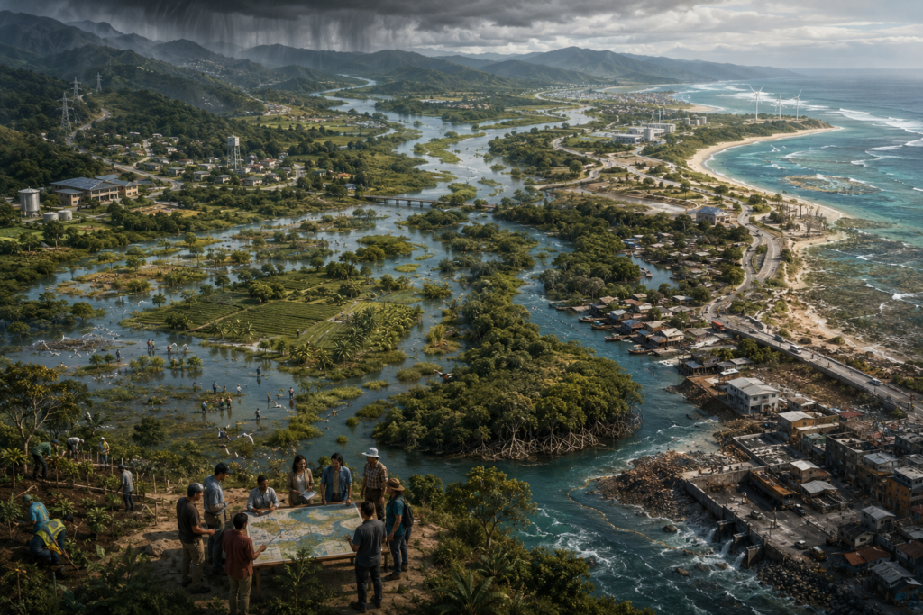 Editorial sustainability illustration showing wetlands, floodplains, mangroves, reefs, restored landscapes, community planning, and vulnerable coastal settlements within a connected resilience landscape.