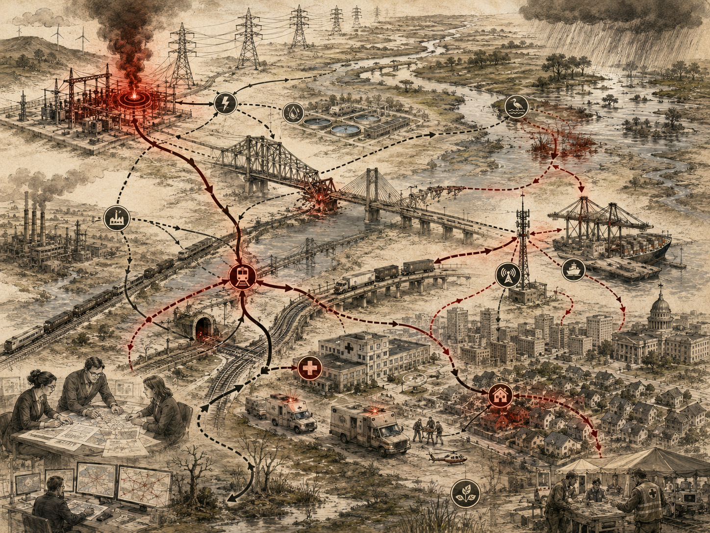 Scholarly systems-thinking illustration of interconnected infrastructure networks, including power grids, bridges, rail, ports, hospitals, neighborhoods, water systems, and emergency response pathways showing cascading risk.