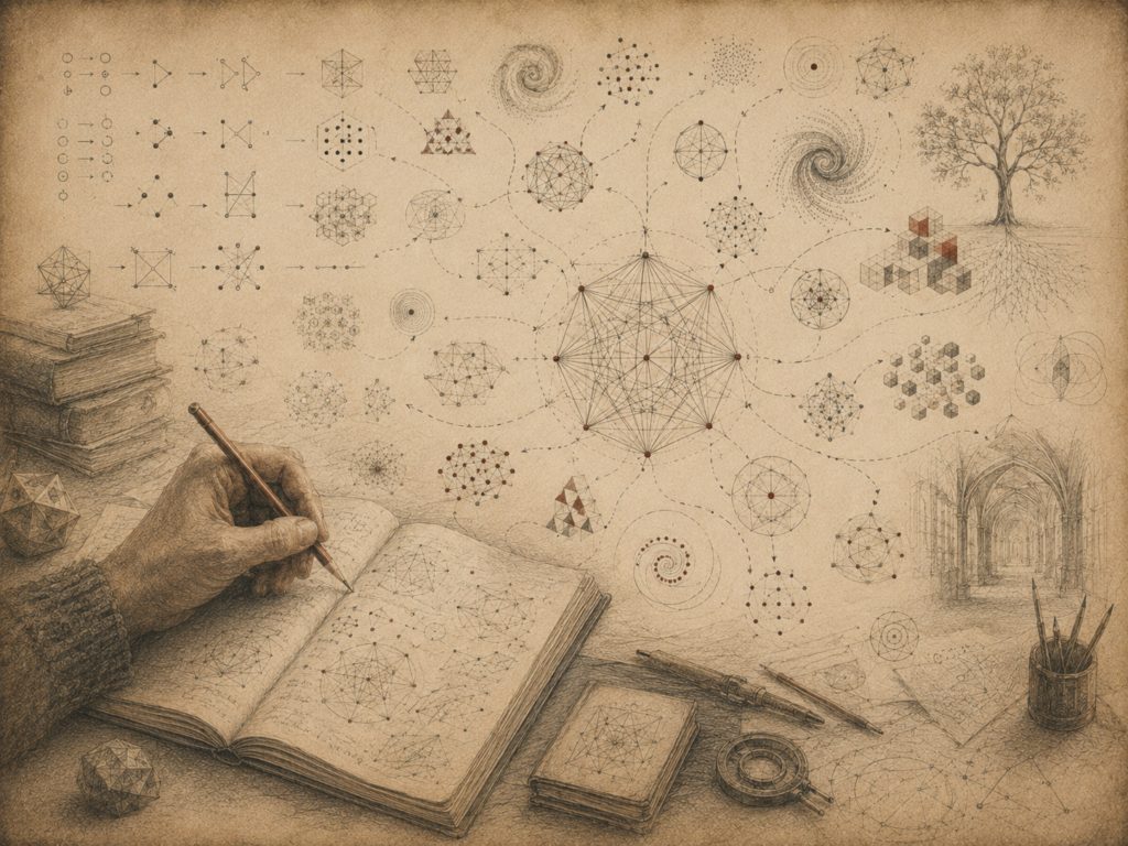 Scholarly editorial illustration of open notebooks, branching geometric diagrams, exploratory pathways, networks, spirals, books, instruments, and architectural forms on textured parchment.