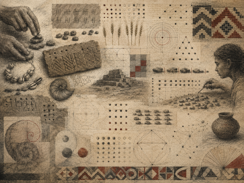 Scholarly editorial illustration of early counting stones, tally marks, carved artifacts, patterned textiles, grids, geometric diagrams, shells, pottery, and ancient mathematical arrangements on textured parchment.