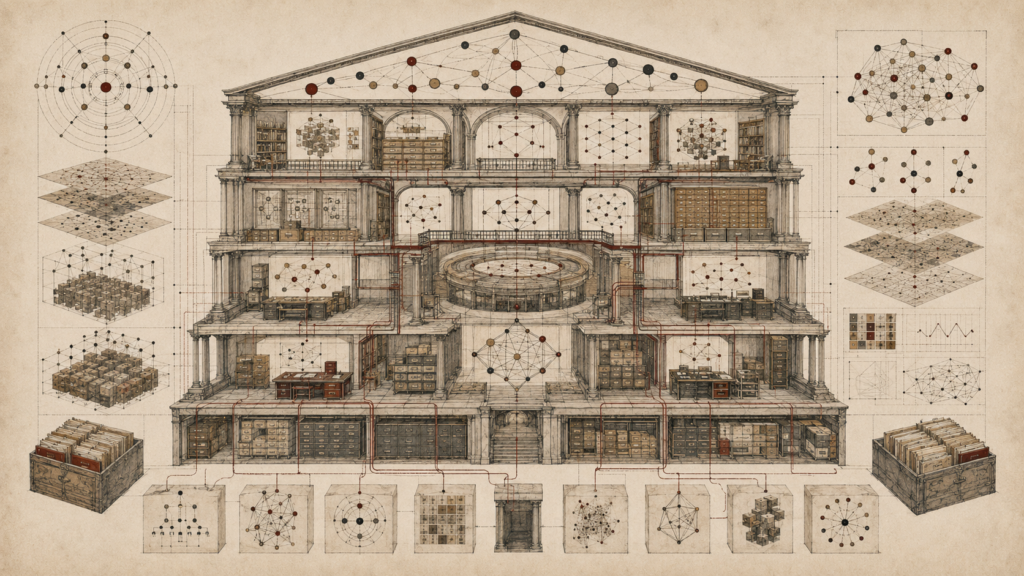 Editorial illustration of a grand archival knowledge structure with semantic node networks, linked concept clusters, layered graph diagrams, card catalogs, and interconnected knowledge chambers.