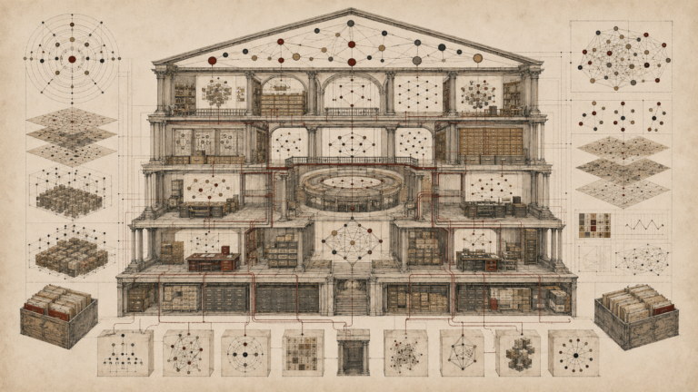 Editorial illustration of a grand archival knowledge structure with semantic node networks, linked concept clusters, layered graph diagrams, card catalogs, and interconnected knowledge chambers.