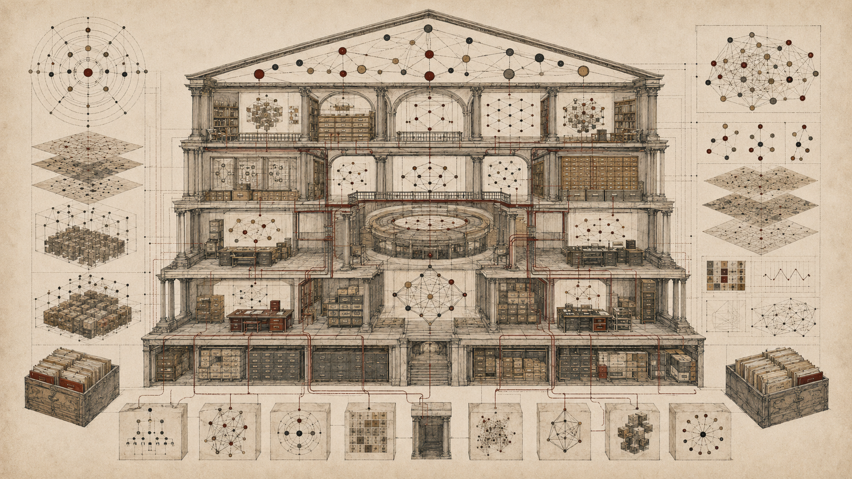 Editorial illustration of a grand archival knowledge structure with semantic node networks, linked concept clusters, layered graph diagrams, card catalogs, and interconnected knowledge chambers.