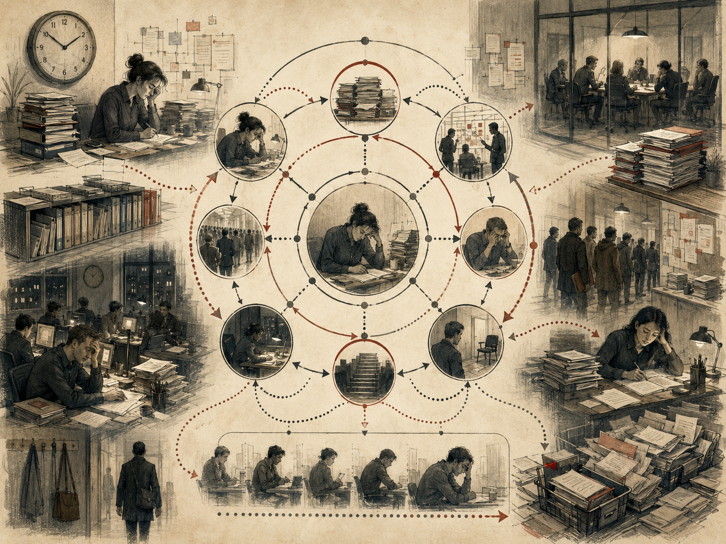 Scholarly editorial illustration of workplace burnout shown as a systems pattern, with overwhelmed workers, paperwork, meetings, queues, late-night offices, feedback loops, and organizational strain.