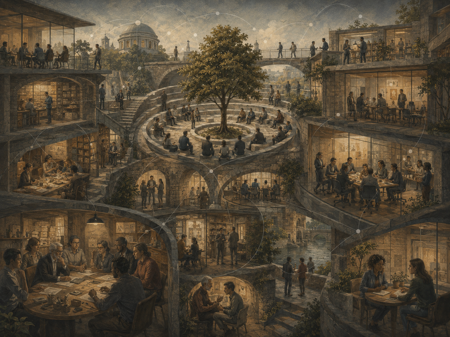 Restrained institutional illustration of an organization as an interconnected behavioral system, with people meeting, collaborating, reflecting, and coordinating across layered spaces, courtyards, bridges, and network pathways.