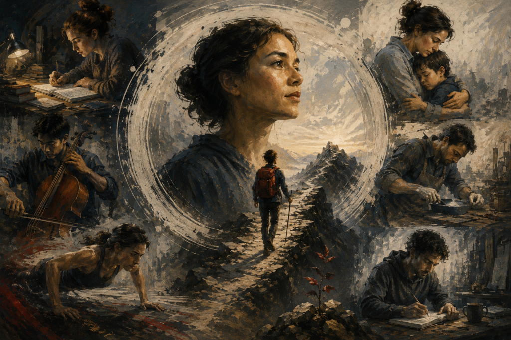 Painterly editorial illustration of grit as a psychological construct, showing sustained effort, long-term striving, study, practice, caregiving, endurance, and a difficult path toward distant goals.