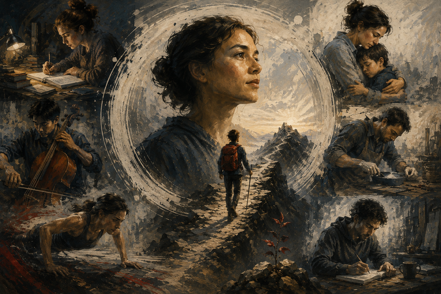 Painterly editorial illustration of grit as a psychological construct, showing sustained effort, long-term striving, study, practice, caregiving, endurance, and a difficult path toward distant goals.