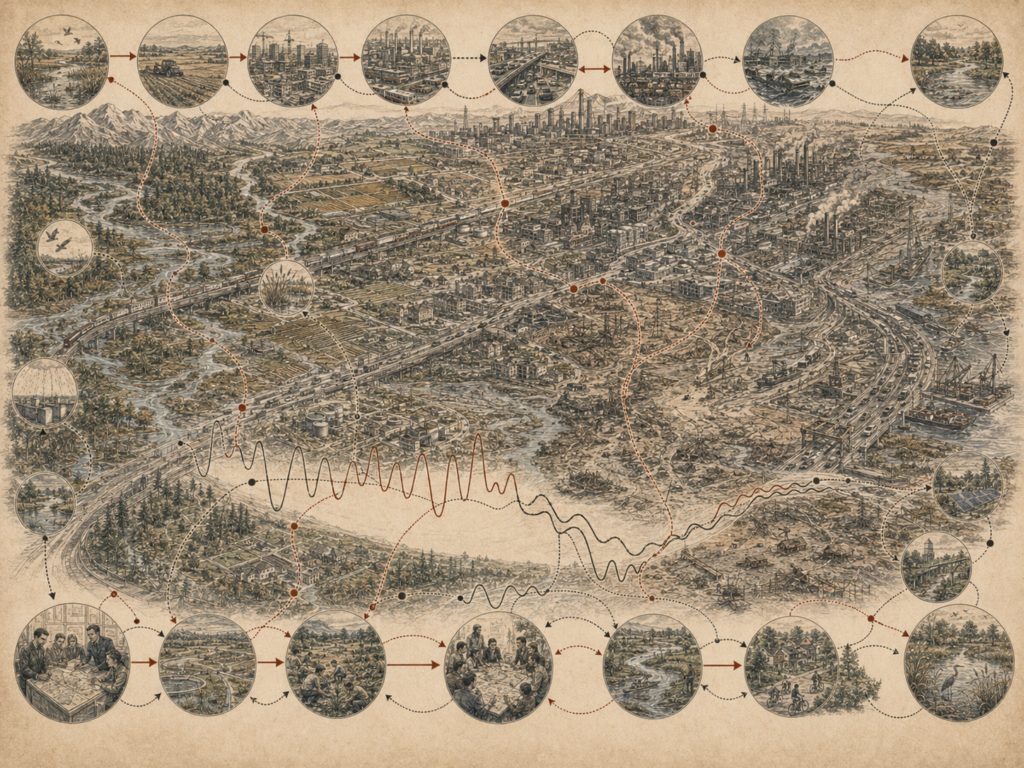 Scholarly systems-thinking illustration of a regional landscape showing industrial expansion, ecological stress, urban growth, infrastructure pressure, system decline, recovery efforts, and corrective feedback pathways.
