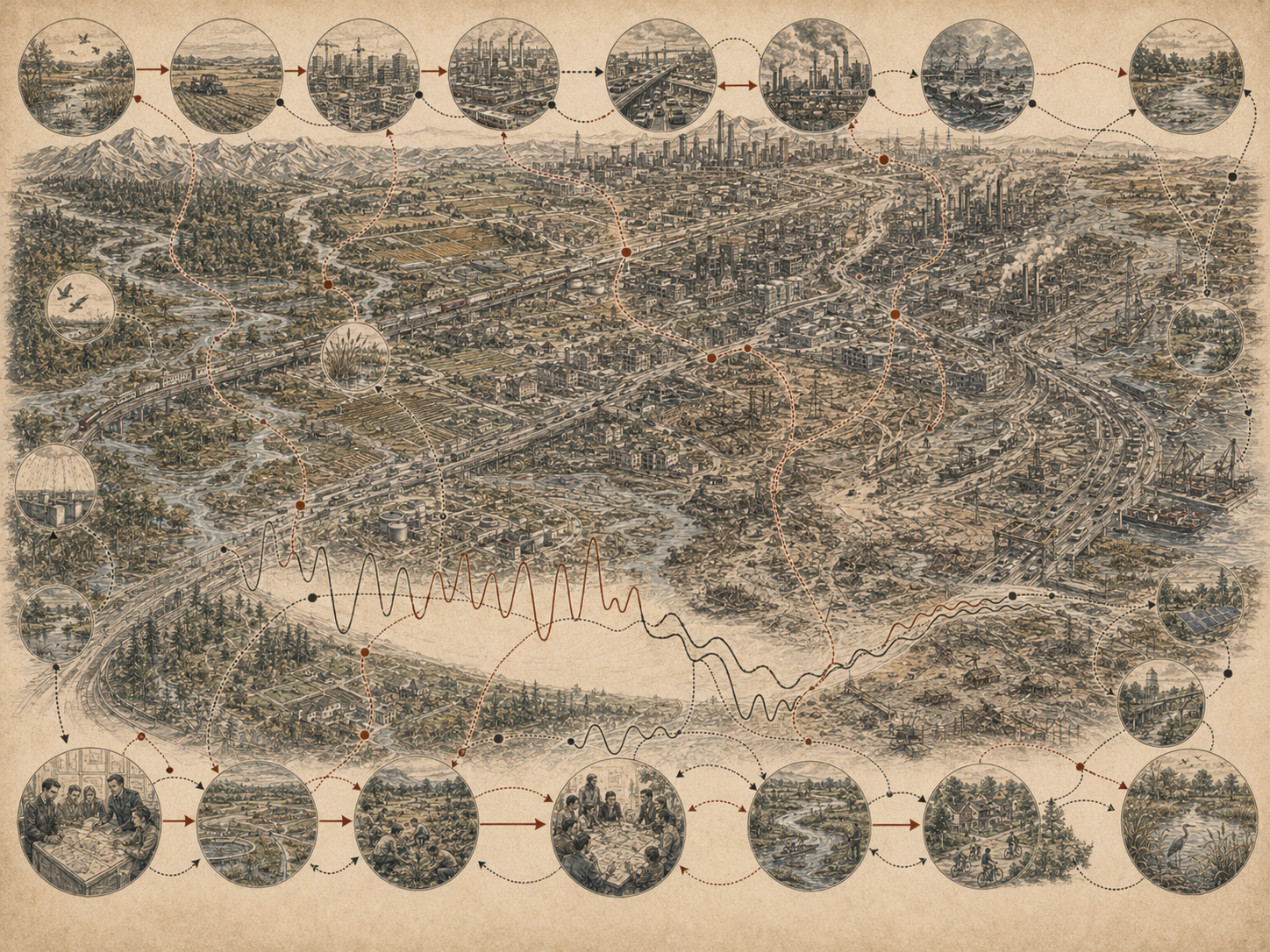 Scholarly systems-thinking illustration of a regional landscape showing industrial expansion, ecological stress, urban growth, infrastructure pressure, system decline, recovery efforts, and corrective feedback pathways.