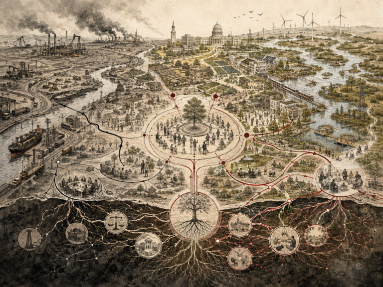 Scholarly systems-thinking illustration of a regional landscape transitioning from extractive industrial systems toward civic, ecological, renewable, and community-centered systems, with roots, feedback pathways, institutions, and deep structural connections.
