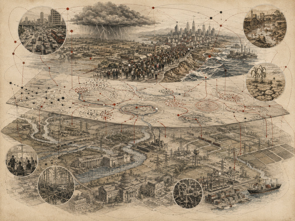 Scholarly editorial illustration of interconnected social, ecological, urban, industrial, and environmental systems, with maps, networks, feedback lines, disruptions, institutions, and layered structural patterns.