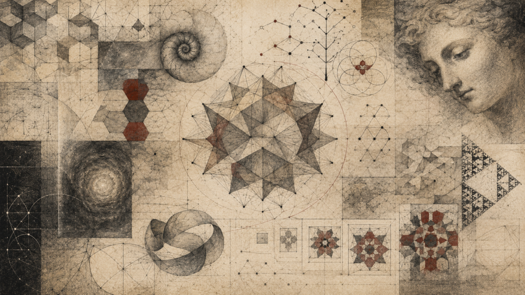 Scholarly editorial illustration of geometric patterns, tessellations, spirals, networks, fractal forms, and a classical contemplative figure on textured parchment, representing mathematical imagination through structure and abstraction.