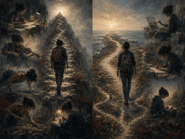 Painterly editorial illustration divided between a steep difficult climb and a long winding path, surrounded by scenes of study, practice, physical effort, craft, writing, and sustained commitment.