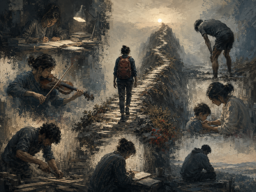 Painterly editorial illustration of a person walking up a difficult mountain path, surrounded by scenes of study, practice, caregiving, craft, and sustained effort.