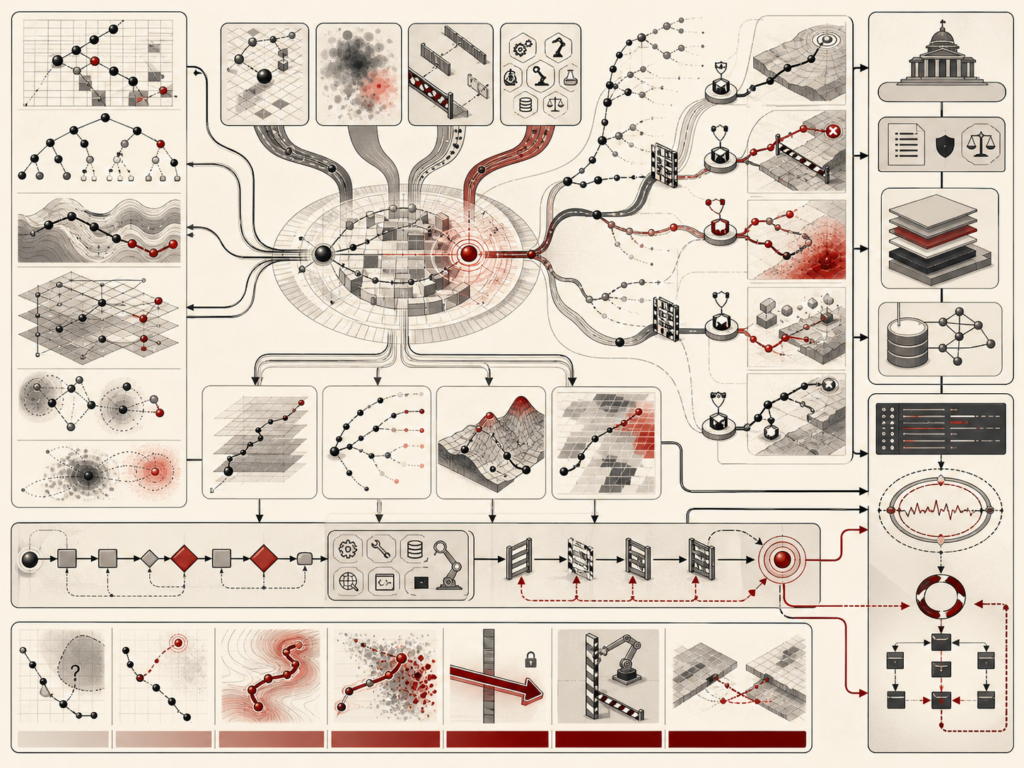 Abstract editorial illustration showing AI planning as a governed sequential decision system, with state-space grids, branching search trees, simulation rollouts, policy pathways, constraint gates, human-review checkpoints, rollback routes, monitoring structures, and governance architecture.