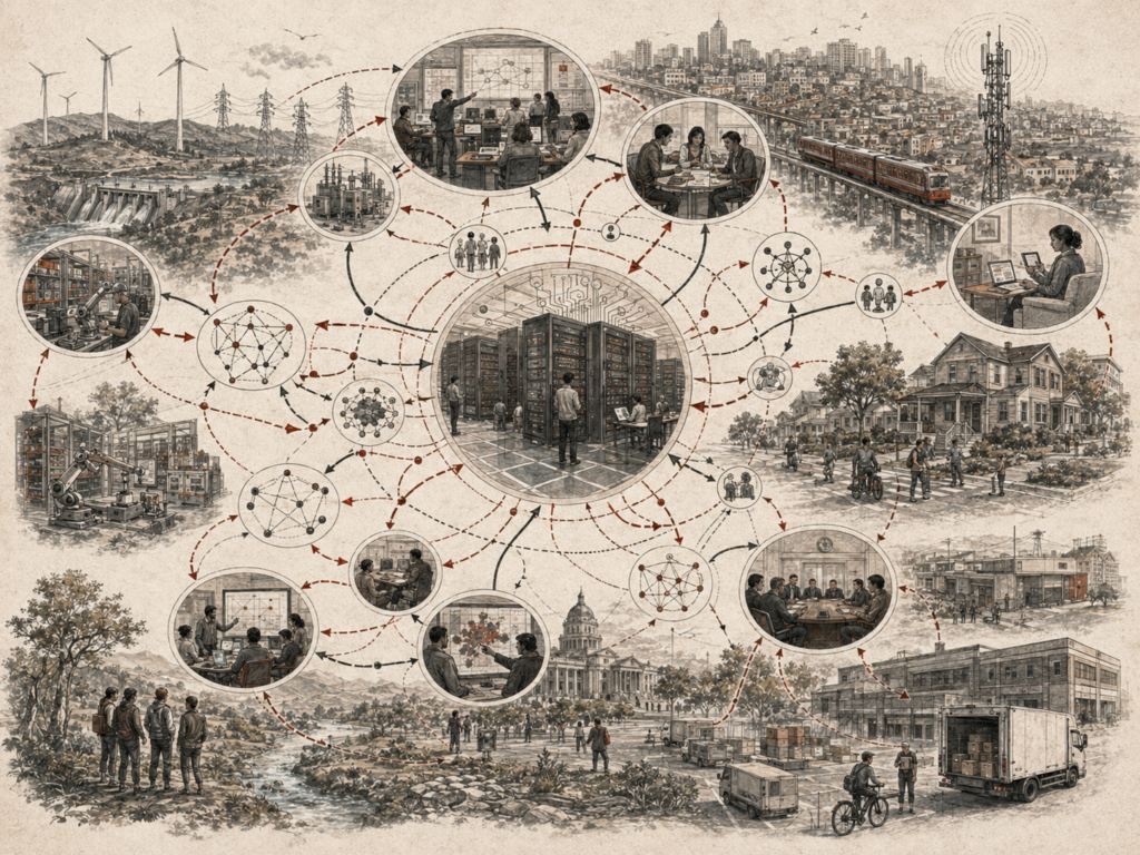 Scholarly systems-thinking illustration of digital platforms, data centers, energy grids, manufacturing, civic institutions, communities, logistics, and feedback pathways connected across a regional technology system.