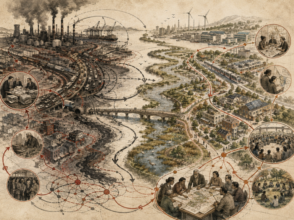 Scholarly systems-thinking illustration of an industrial urban landscape transforming toward restored waterways, transit, renewable energy, community planning, and civic redesign through feedback pathways.