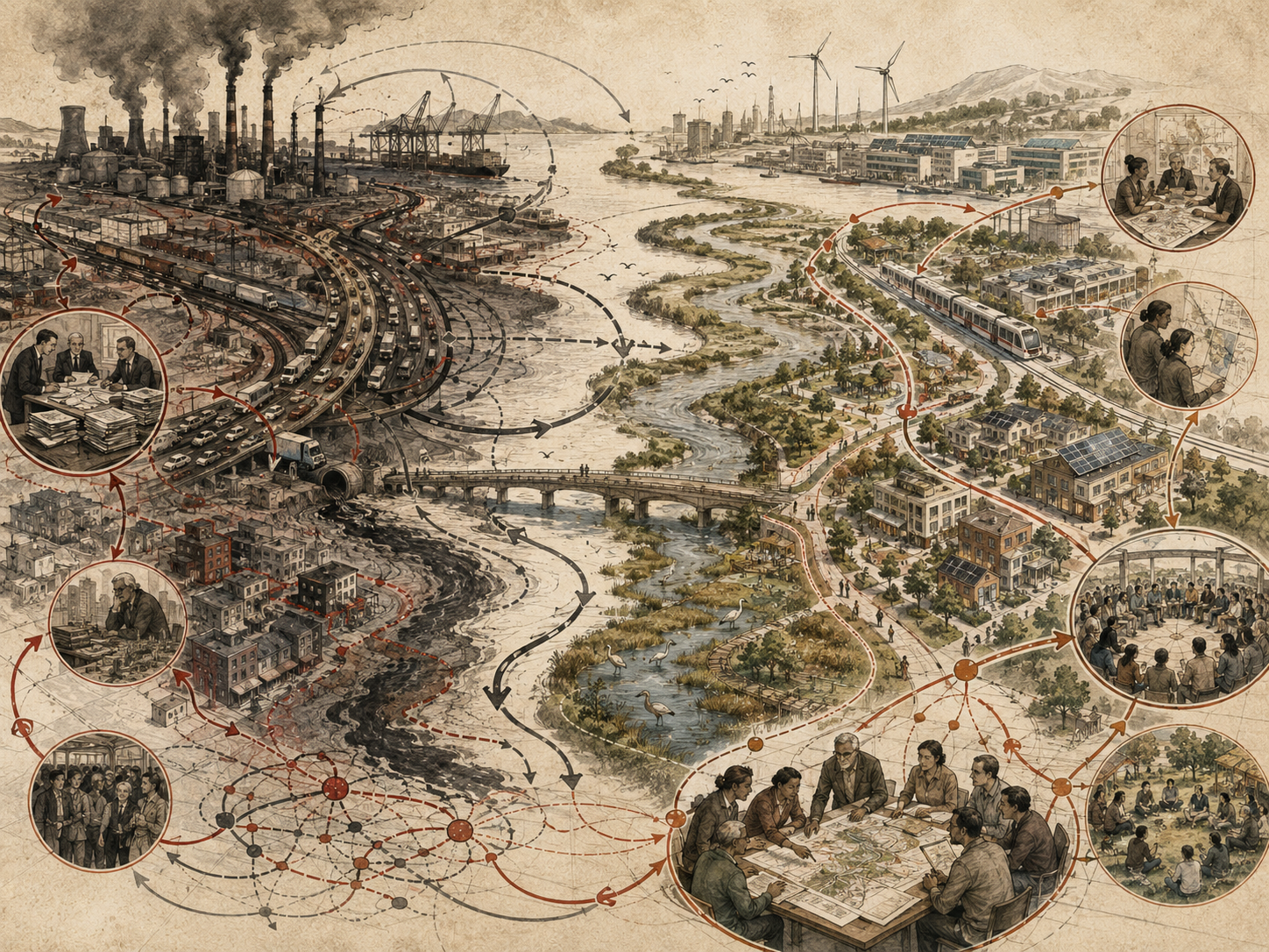 Scholarly systems-thinking illustration of an industrial urban landscape transforming toward restored waterways, transit, renewable energy, community planning, and civic redesign through feedback pathways.