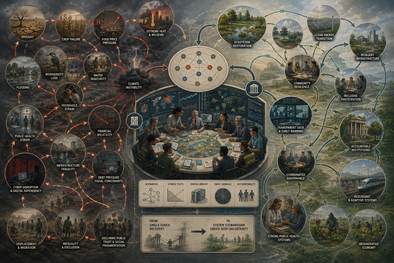 Editorial systems illustration showing interacting crises, climate stress, cyber disruption, debt pressure, public-health strain, infrastructure fragility, ecological thresholds, and adaptive resilience governance pathways.