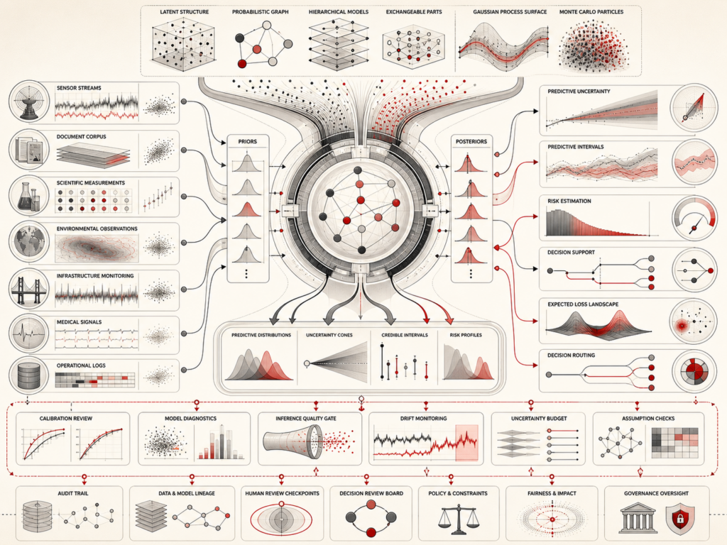 Abstract editorial illustration showing probabilistic AI as an uncertainty-aware system connecting evidence streams, priors, Bayesian inference, posterior distributions, predictive intervals, calibration review, risk estimation, decision routing, monitoring, and governance controls.