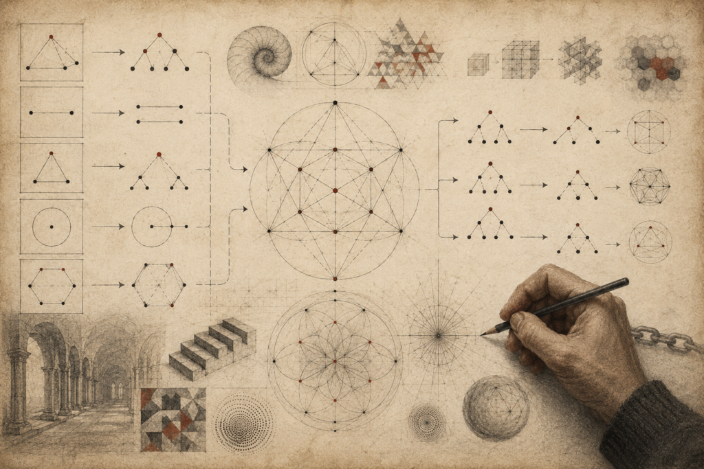 Scholarly editorial illustration of geometric proof diagrams, logical branching structures, arrows, constructions, architectural forms, and a hand sketching mathematical reasoning on aged parchment.