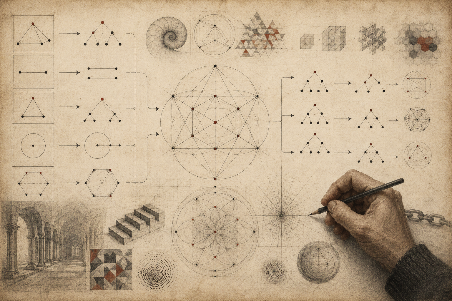 Scholarly editorial illustration of geometric proof diagrams, logical branching structures, arrows, constructions, architectural forms, and a hand sketching mathematical reasoning on aged parchment.