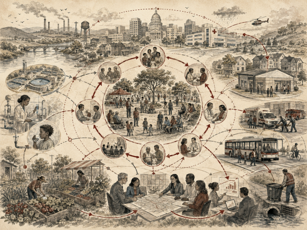 Scholarly systems-thinking illustration of public health as an interconnected community system, showing hospitals, clinics, water systems, housing, transit, food access, emergency response, environmental conditions, public agencies, and feedback pathways.
