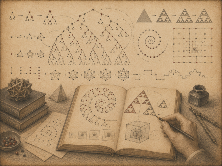 Scholarly editorial illustration of recursive trees, fractal triangles, spirals, nested grids, repeating geometric structures, open notebooks, books, and drawing instruments on textured parchment.