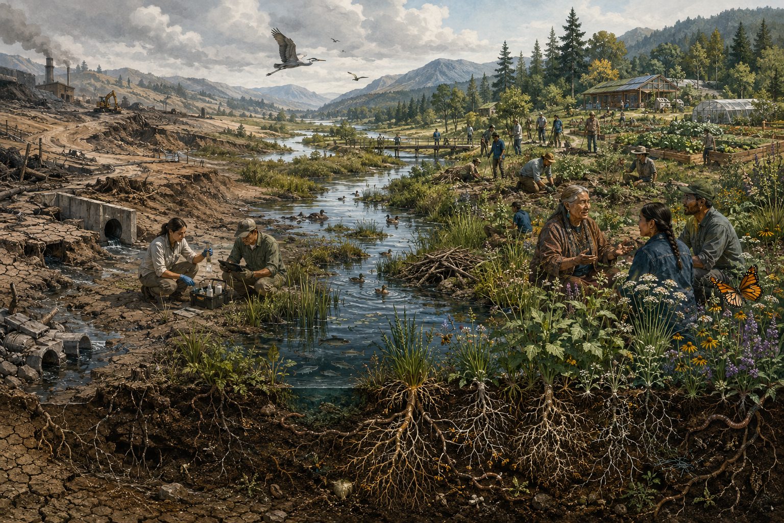 Editorial sustainability illustration showing a degraded landscape being restored into wetlands, flowing water, healthy soil, biodiversity corridors, community stewardship, Indigenous knowledge sharing, and ecological repair.
