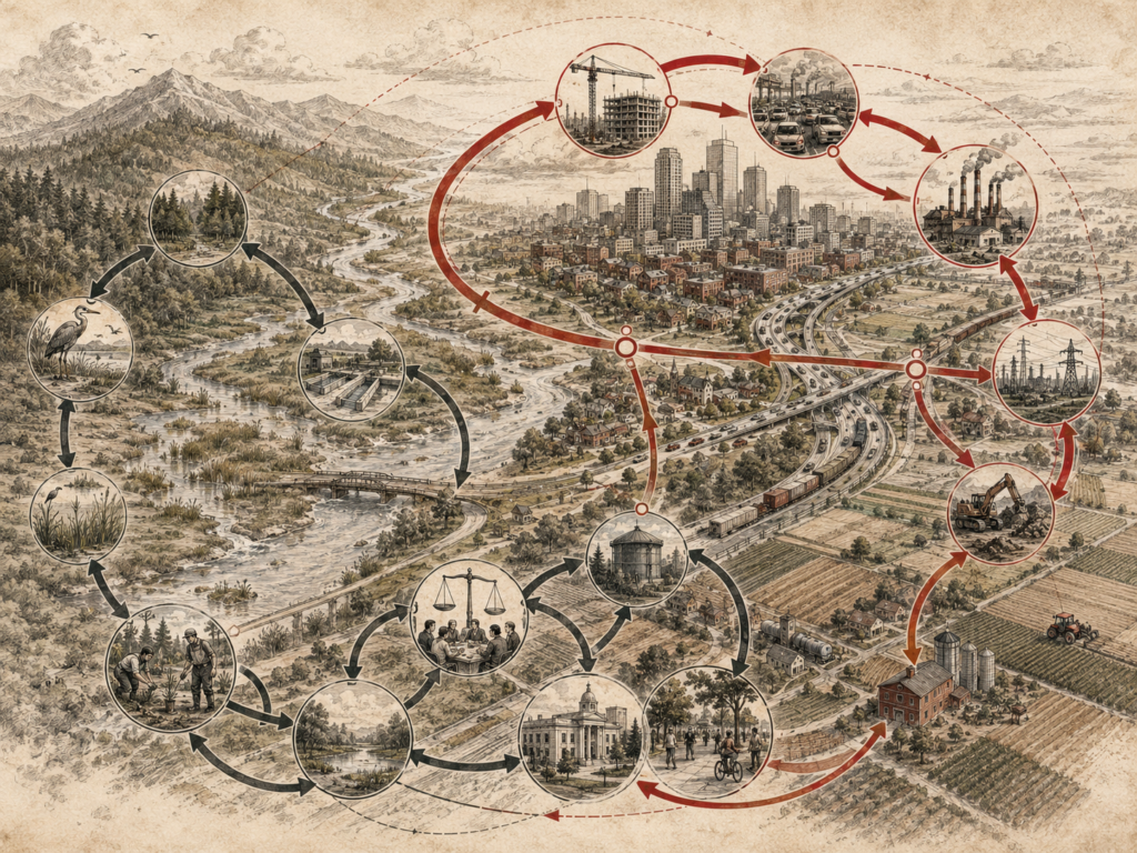 Scholarly editorial illustration of ecological, urban, industrial, agricultural, and civic systems connected by circular feedback loops, showing reinforcing and balancing dynamics across a regional landscape.