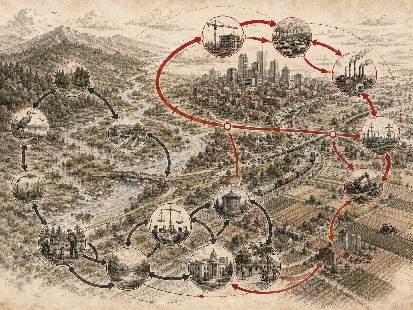 Scholarly editorial illustration of ecological, urban, industrial, agricultural, and civic systems connected by circular feedback loops, showing reinforcing and balancing dynamics across a regional landscape.