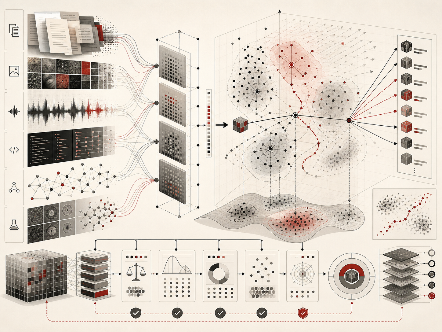 Abstract editorial illustration showing multimodal data flowing through model layers into a high-dimensional embedding space with clusters, similarity pathways, retrieval results, projection surfaces, and governance checkpoints.