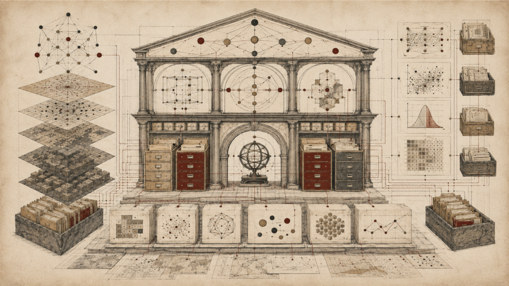 Editorial illustration of an architectural research framework with analytical diagrams, archival drawers, layered data maps, model blocks, and connected evidence pathways.