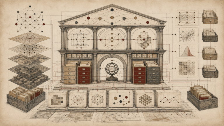 Editorial illustration of an architectural research framework with analytical diagrams, archival drawers, layered data maps, model blocks, and connected evidence pathways.