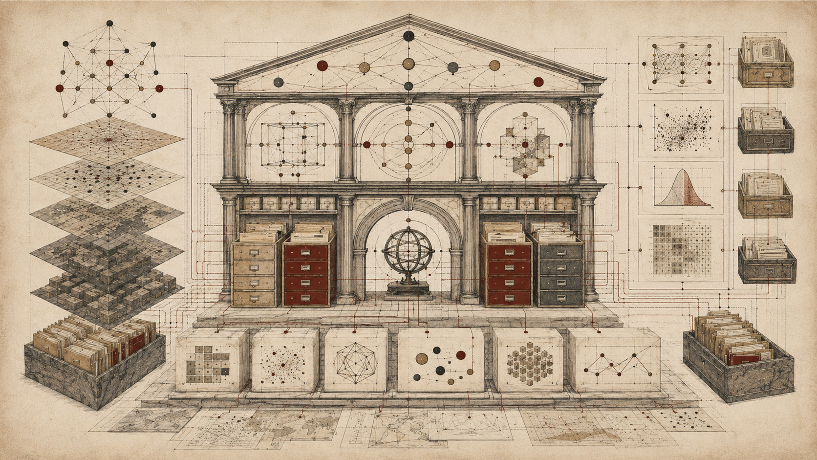 Editorial illustration of an architectural research framework with analytical diagrams, archival drawers, layered data maps, model blocks, and connected evidence pathways.