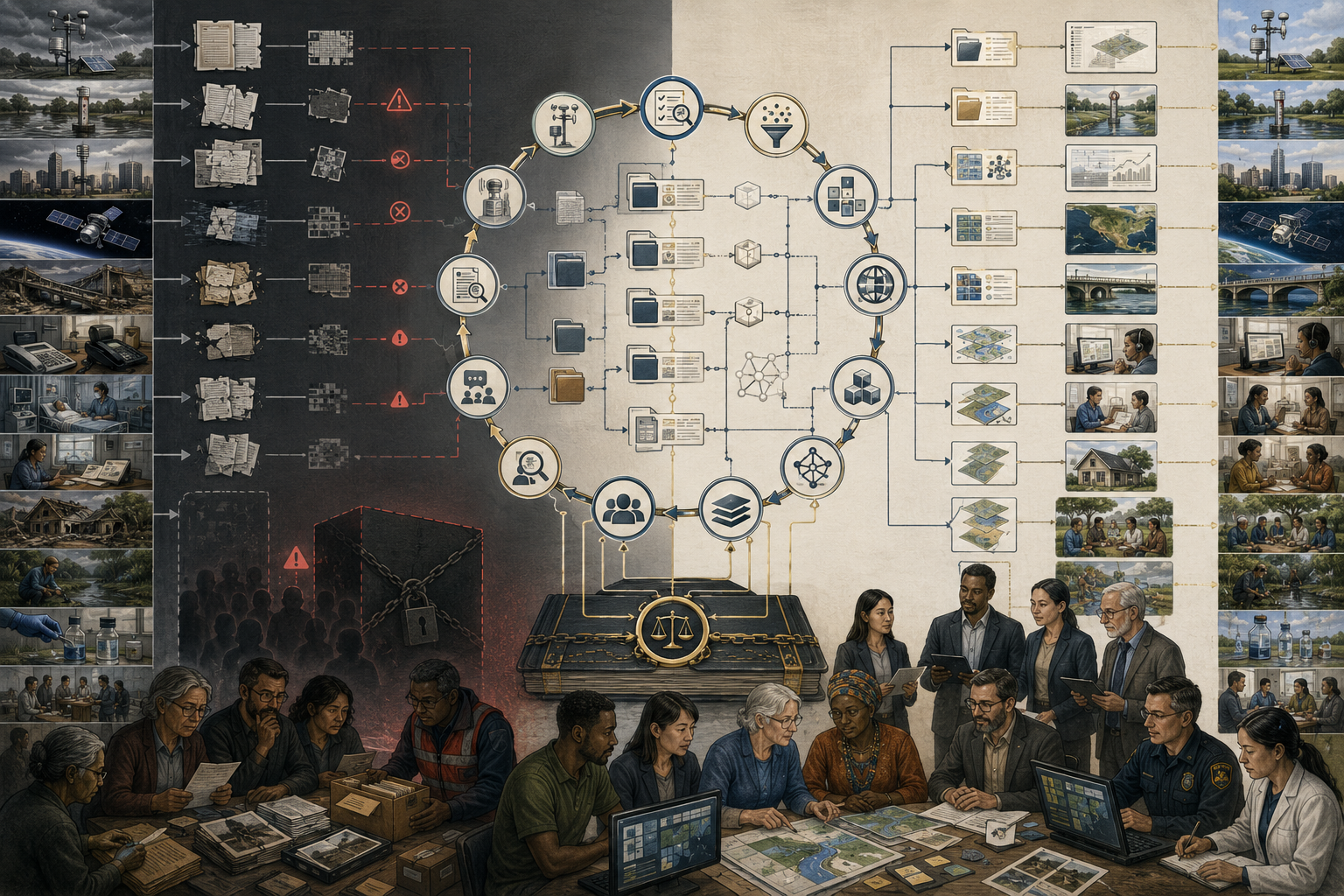 Editorial data-governance illustration showing resilience evidence chains, sensor data, community records, audit trails, human review, privacy safeguards, and transparent data lineage.