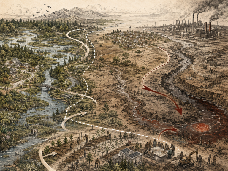 Scholarly systems-thinking illustration of a landscape divided between resilient wetlands, restoration work, stressed farmland, degraded waterways, industrial damage, and ecological collapse, with threshold pathways and regime-shift arrows.