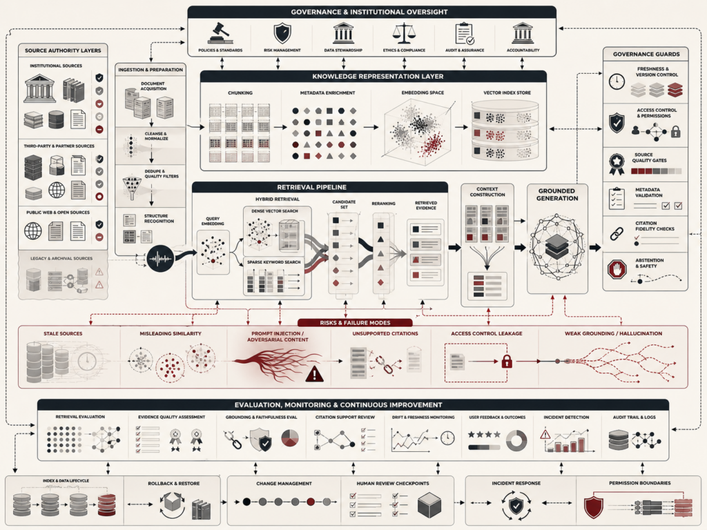 Abstract editorial illustration showing a retrieval-augmented generation system connecting source documents, embeddings, vector search, metadata, reranking, retrieved evidence, grounded generation, citations, access controls, monitoring, and governance.