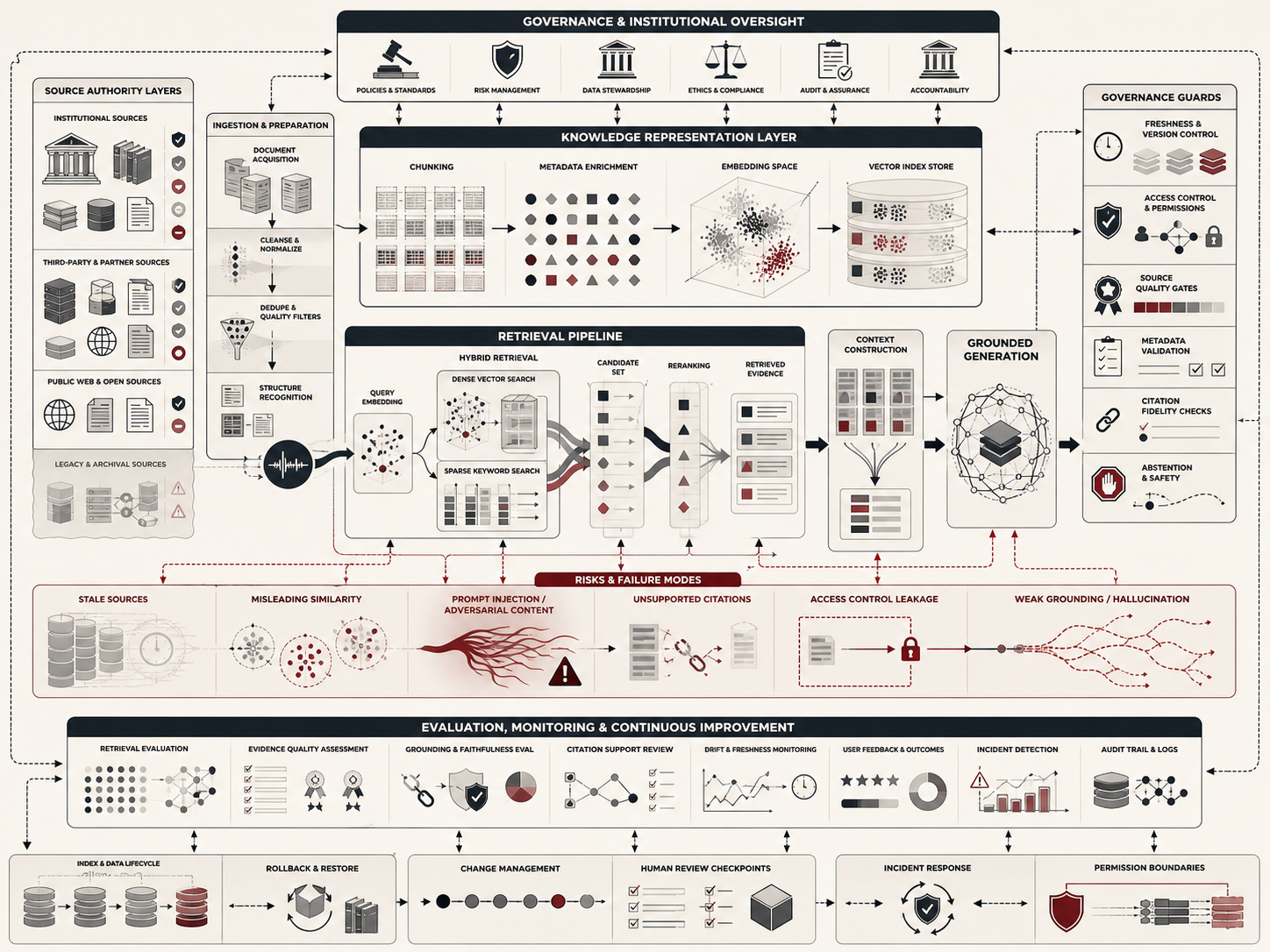 Abstract editorial illustration showing a retrieval-augmented generation system connecting source documents, embeddings, vector search, metadata, reranking, retrieved evidence, grounded generation, citations, access controls, monitoring, and governance.