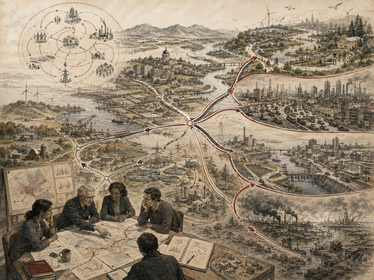 Scholarly systems-thinking illustration of a regional landscape with branching scenario pathways, cities, rivers, ports, industry, infrastructure, planning teams, maps, and alternative future outcomes.